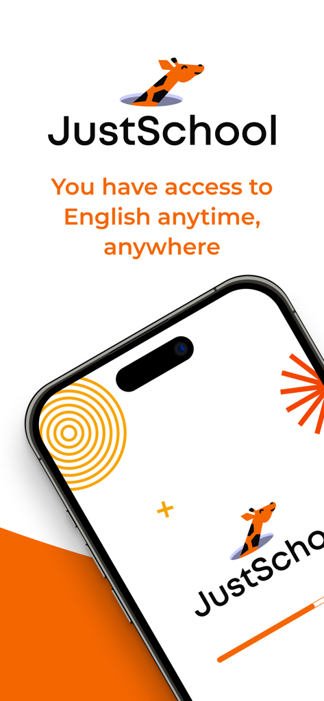 JustSchool - English Online - Tela inicial do aplicativo de aprendizado de inglês JustSchool com logotipo de girafa e texto: acesso ao inglês a qualquer hora, em qualquer lugar
