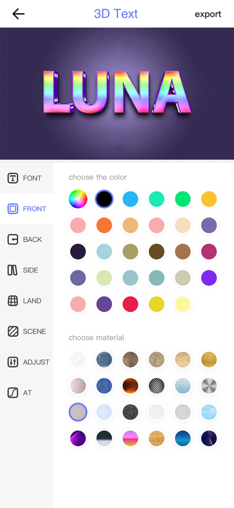 3D Text-AI Art Word Font Maker - A mobile app interface showing 3D text customization for the word LUNA with color and material selection palettes.