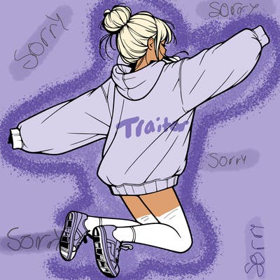 realistic girl jumping with a bun and oversized sweatshirt