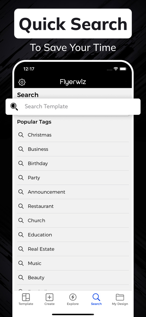 Ecrã de pesquisa da aplicação Criador de Panfletos mostrando categorias para templates de negócios, aniversários e eventos.
