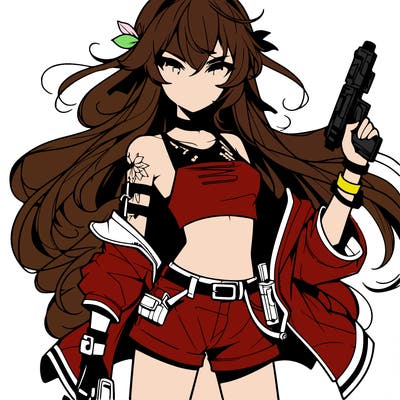 bad girl wearing crop top holding a gun long hair anime