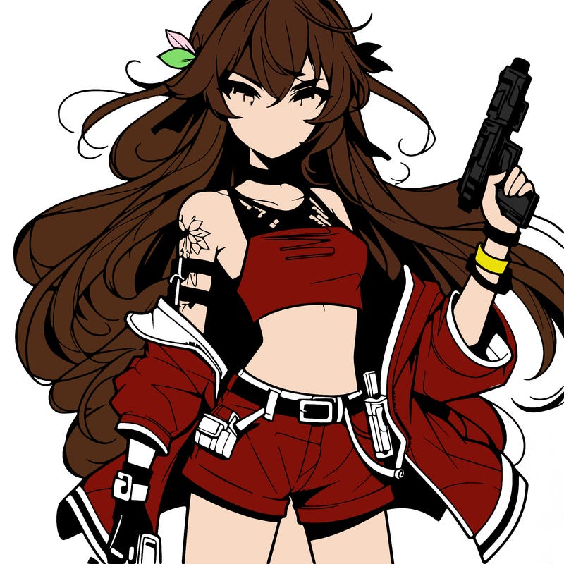 bad girl wearing crop top holding a gun long hair anime