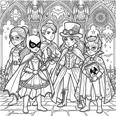 Discover a thrilling blend of heroism and dark elegance with our Gothic Superheroes coloring page. Young caped crusaders meet ornate Victorian style in this unique and captivating printable.