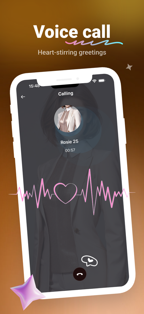 Cola: Hot Girl & Fun Chat - Interface de chamada de voz no aplicativo Cola mostrando uma companheira IA chamada Rosie com um gráfico de batimento cardíaco em forma de coração.