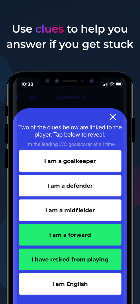 Football Quiz - Who Am I? - A screenshot of the Football Quiz app showing a clues interface with hints about a player's position and career status for a World Cup question.