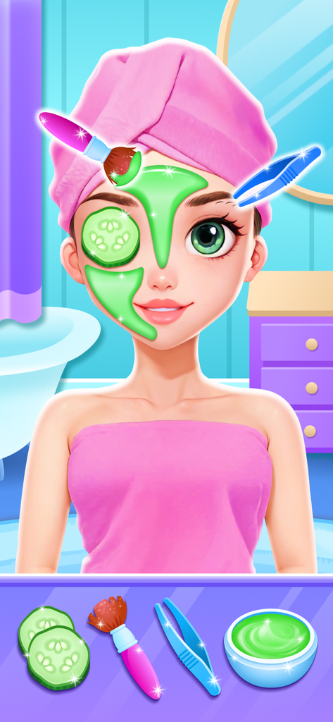 Beauty Salon Games for Girls - Ein Mädchen erhält eine Gesichtsbehandlung mit einer grünen Maske und Gurkenscheiben in einem Beauty-Salon-Spiel für Kinder.