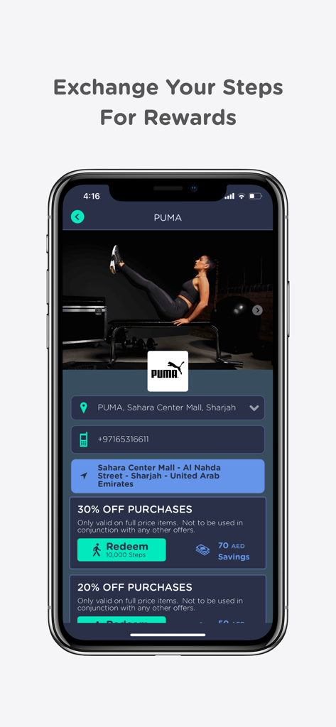 STEPPI - Steppi app showing Puma store discounts redeemable with steps