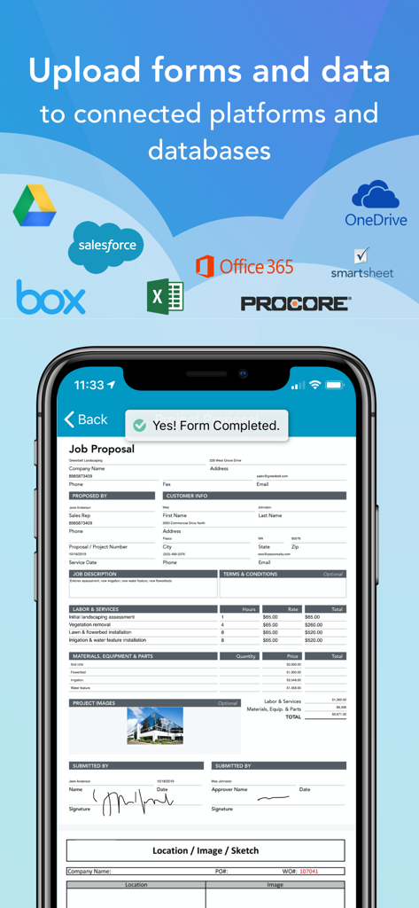 GoFormz Mobile Forms & Reports - GoFormz app showing a completed job proposal on a mobile device with cloud storage and CRM integration icons.