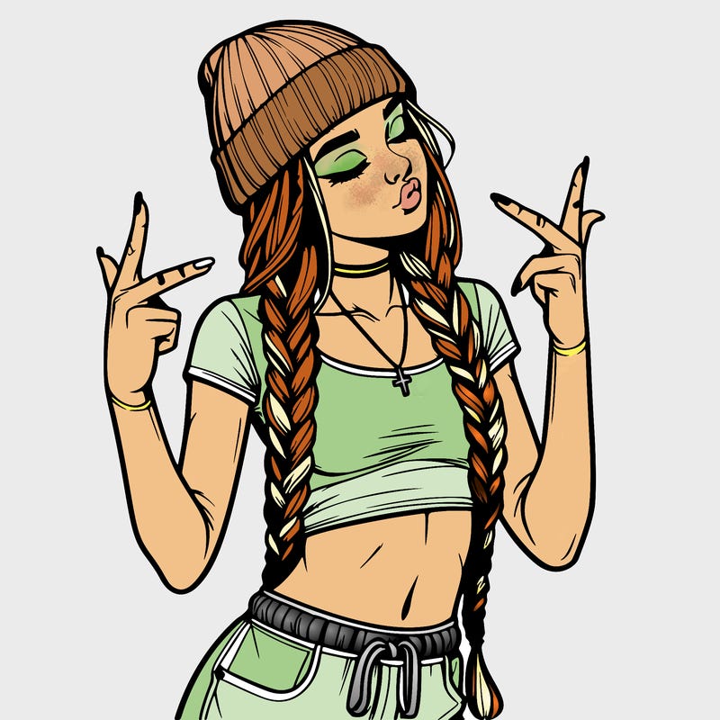 realistic teenage girl with braids and a beanie and crop top doing 🫶🏼