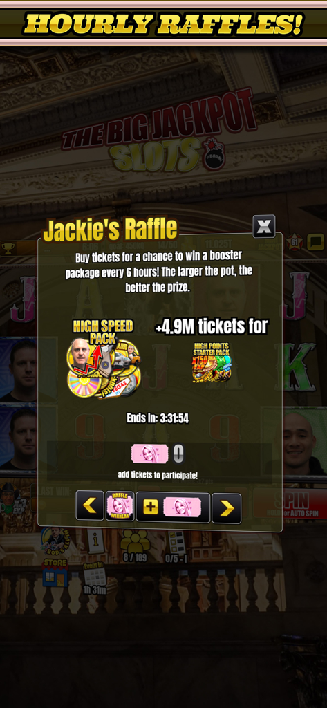 Jackie's Raffle popup in The Big Jackpot app showing booster package rewards and raffle tickets