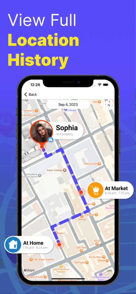 Phone Location Tracker - ユーザーの完全な位置情報履歴と一日の停止場所を示す破線の青いルートが表示されたマップを示すモバイルアプリ画面