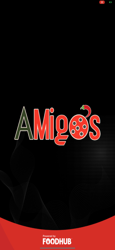 Amigos, - Amigos App Splash Screen mit dem roten und grünen Restaurantlogo und der Powered by Foodhub-Marke