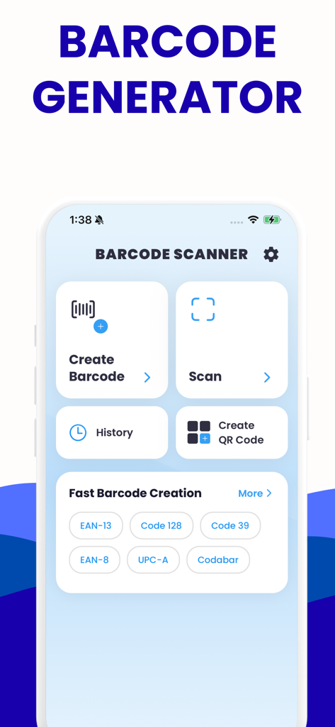 Main interface of the Barcode Generator and QR Scanner app showing options to create barcodes and scan codes