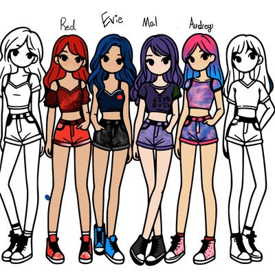 a group of girls wearing crop tops and shorts