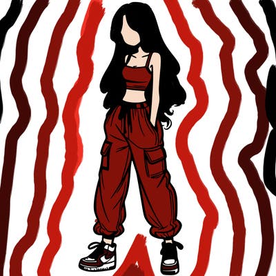 girl in baggy pants crop top and long hair