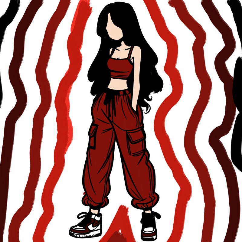 girl in baggy pants crop top and long hair