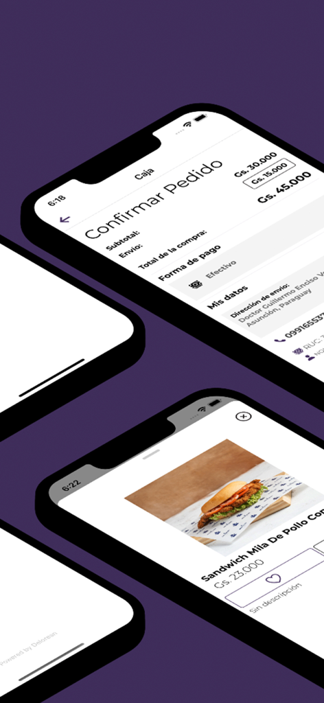 Screenshots der Masapan Paraguay Mobile App, die den Bestellbestätigungsbildschirm und eine Produktseite für Hähnchensandwich zeigen