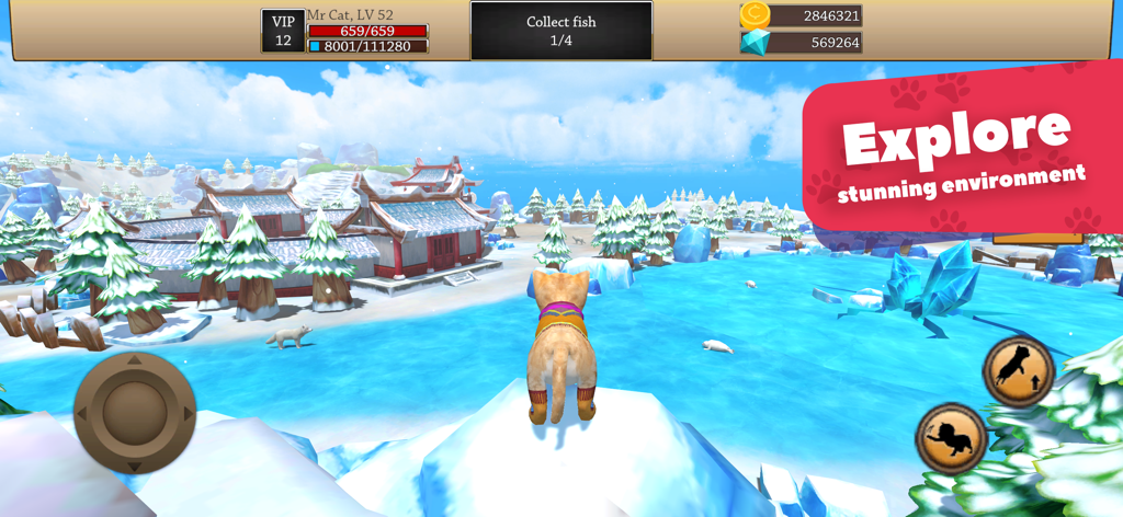 Cat Simulator 3D - Animal Life - A 3D cat character looking over a snowy landscape with traditional buildings and a frozen lake.