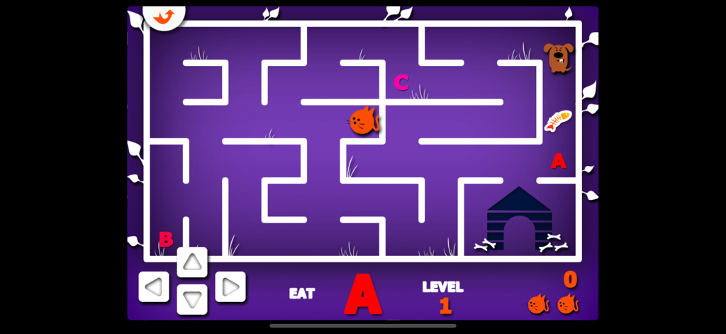 Un gato navegando por un laberinto morado para recoger letras en el juego educativo Gato y Perro