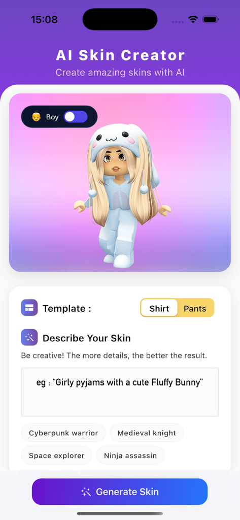 Interface do aplicativo Skin Creator AI for Roblox mostrando uma prévia de avatar 3D e um campo de prompt de texto para gerar roupas personalizadas