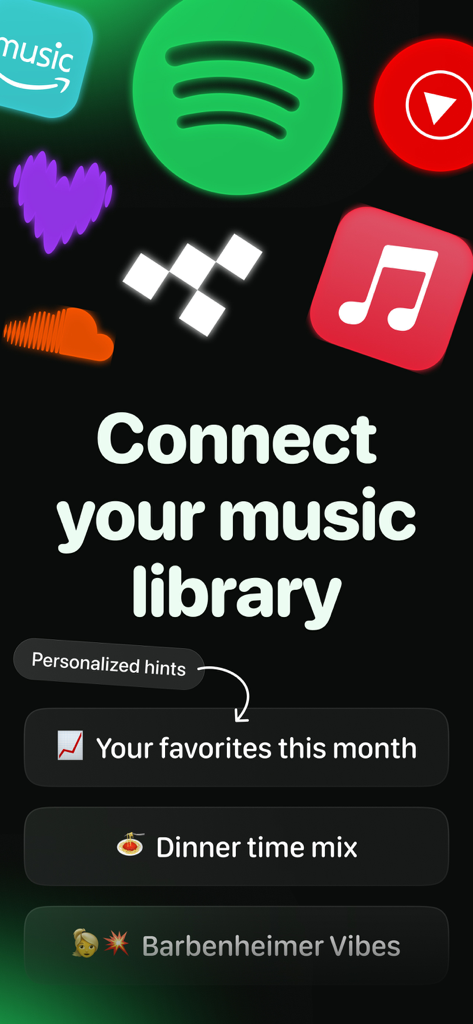AI Playlist Maker: PlaylistAI - PlaylistAI interface showing music streaming service logos and personalized playlist hints like Dinner time mix and Barbenheimer Vibes