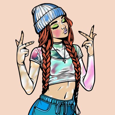 realistic teenage girl with braids and a beanie and crop top doing 🫶🏼