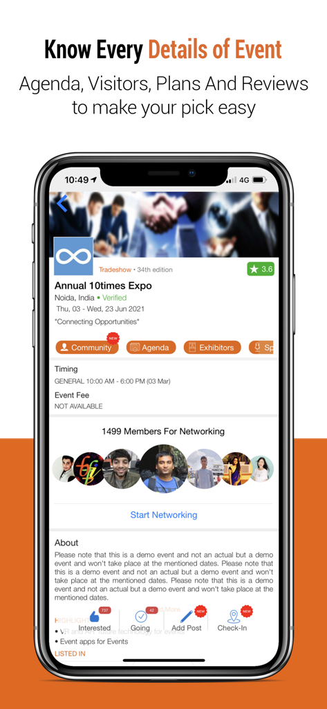 10times - Find Event & Network - A mobile app screenshot showing event details and networking members for a business expo
