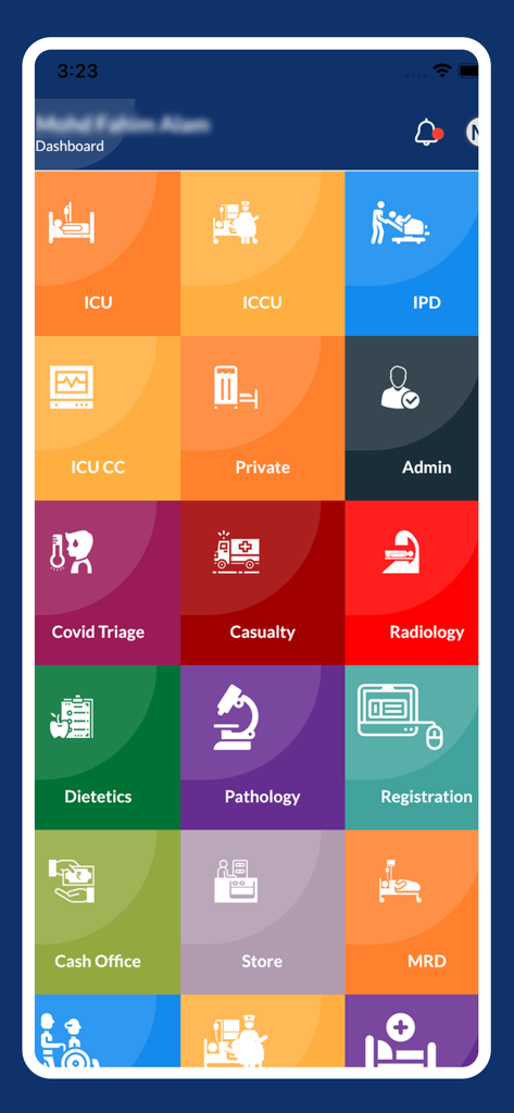 Digi Doctor HIS - Dashboard of Digi Doctor HIS app featuring colorful tiles for hospital departments like ICU Radiology and Pathology