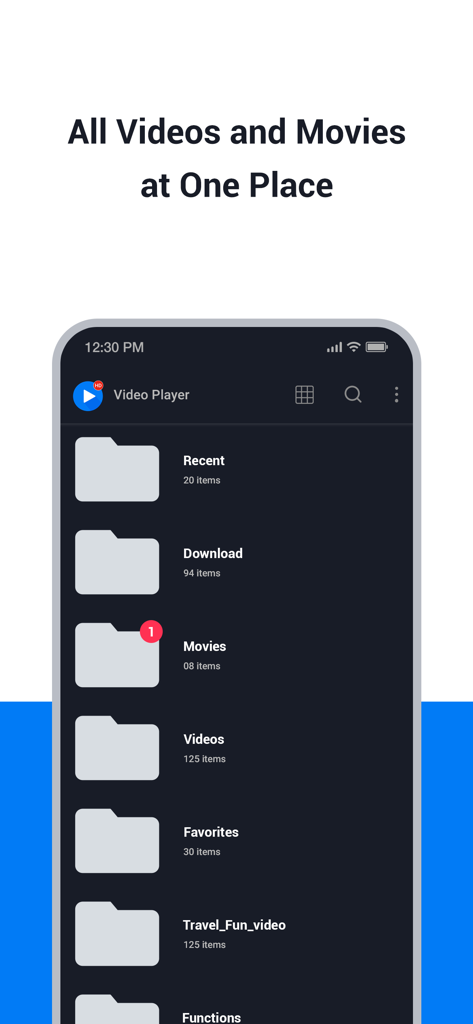 SPlayer -Video Media Player - SPlayer app interface showing video files organized into folders like Recent, Movies, and Favorites