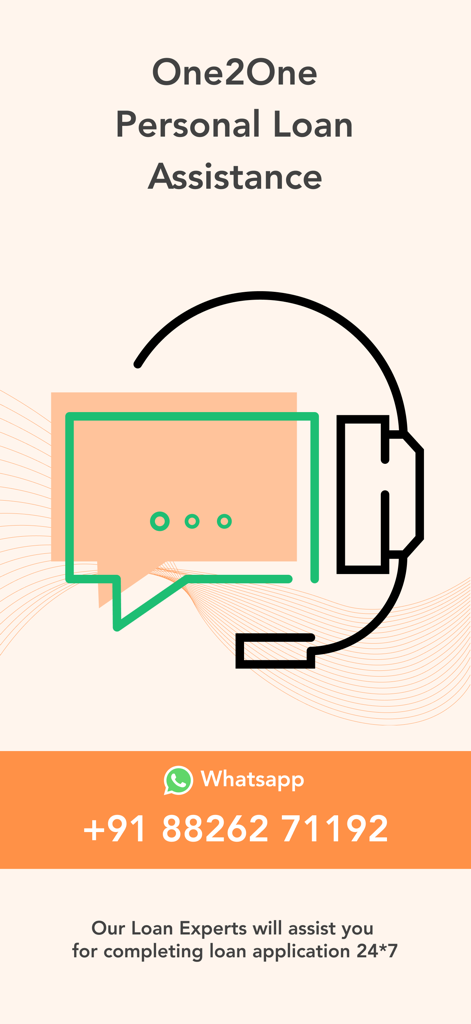 InCred Finance - Personal loan assistance screen featuring a WhatsApp support number for 24 7 help with loan applications.