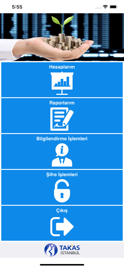 TAKASBANK BES - Main menu screen of the TAKASBANK BES app for managing Turkish retirement funds