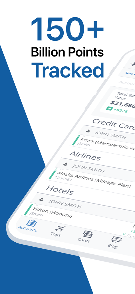 AwardWallet: Track Rewards - AwardWallet app interface displaying tracked loyalty points for airlines, hotels, and credit cards.