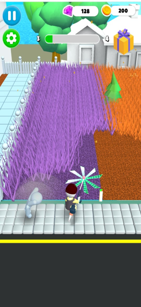 Grass Cutting Game Mow & Trim - Un personnage taillant de l'herbe violette et orange vibrante dans un simulateur d'entretien de pelouse de banlieue