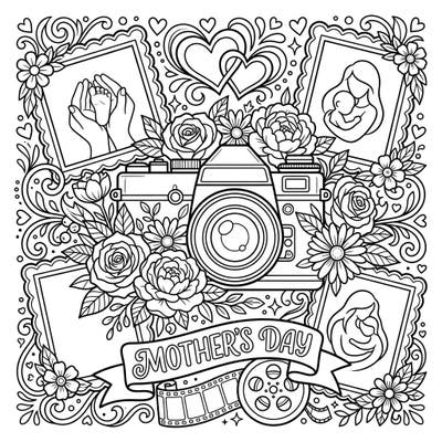 Dive into a beautiful coloring page celebrating the art of photography and the special bond of Mother's Day. This intricate design features classic cameras, lush floral bouquets, and heartwarming symbols of family.