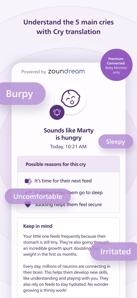 Philips Avent Baby Monitor App-Bildschirm zeigt die KI-Schreiübersetzungsfunktion, die erklärt, warum ein Baby weint