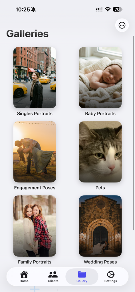 Studio CRM - Mood boards e galerias digitais no aplicativo Studio CRM mostrando categorias de fotografia como casamentos e retratos