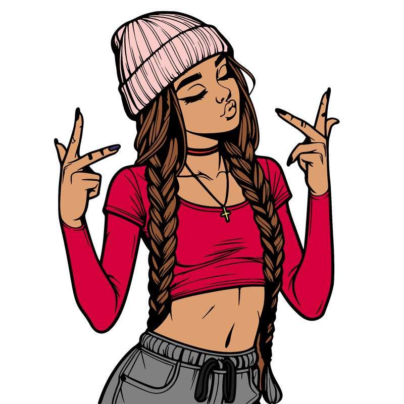 realistic teenage girl with braids and a beanie and crop top doing 🫶🏼