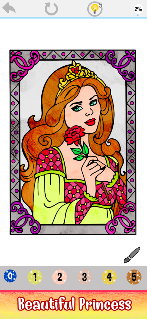 Una interfaz de página para colorear de una hermosa princesa con una corona y una rosa en una aplicación de colorear por número.