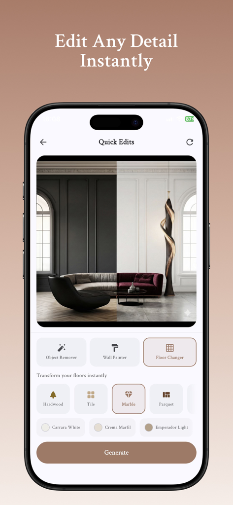 Interfaccia dell'app Interia che mostra la funzione Floor Changer con opzioni di piastrelle in marmo e un'anteprima della stanza prima e dopo.