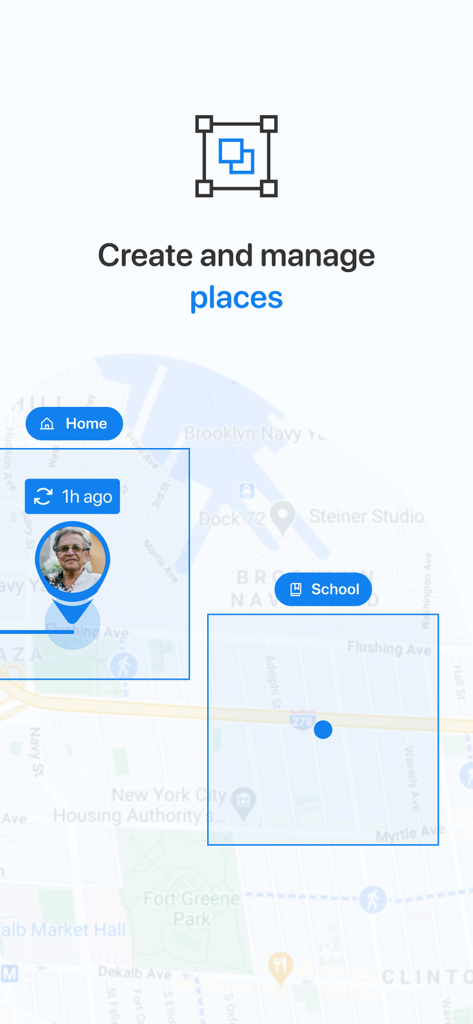 Trackimo + - Interface of the Trackimo plus app showing the creation of geographic safety zones for home and school on a map