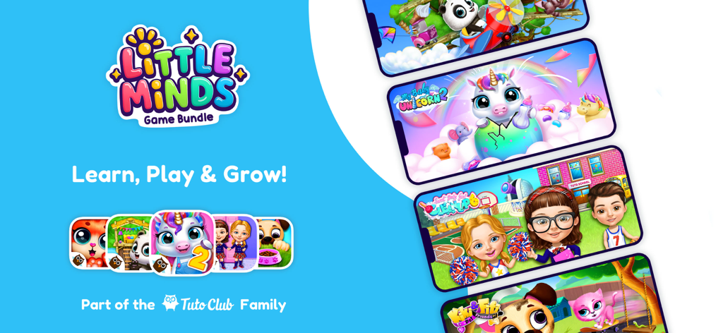 Little Minds: Game Bundle - Banner promocional de Little Minds Game Bundle mostrando varios juegos educativos para niños como My Baby Unicorn y Panda Lu Treehouse.