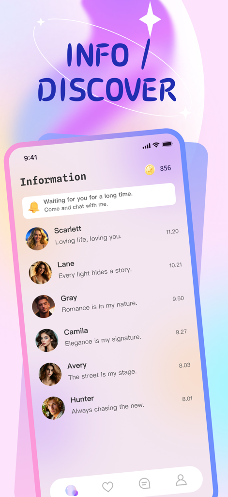 Lutal app screen displaying a list of virtual AI companions with names and catchphrases