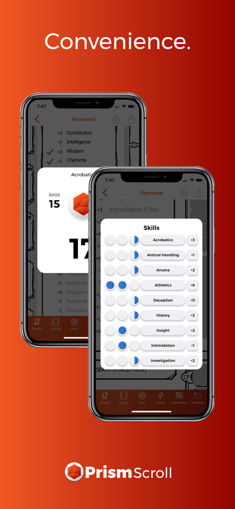 PrismScroll - Character Sheet - Mobile interface of the PrismScroll app showing a Dungeons and Dragons character skills list and stats on an iPhone