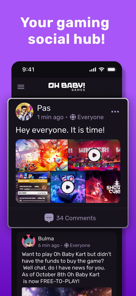 El feed del centro social de la aplicación OBB Mobile con publicaciones de la comunidad y anuncios de juegos.