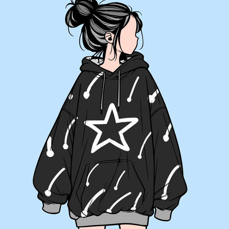 realistic girl with a oversized sweatshirt on and a bun