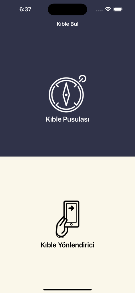 Kıble Yönü - Hauptmenü der Qibla-Richtungs-App mit Optionen für Qibla-Kompass und Qibla-Wegweiser