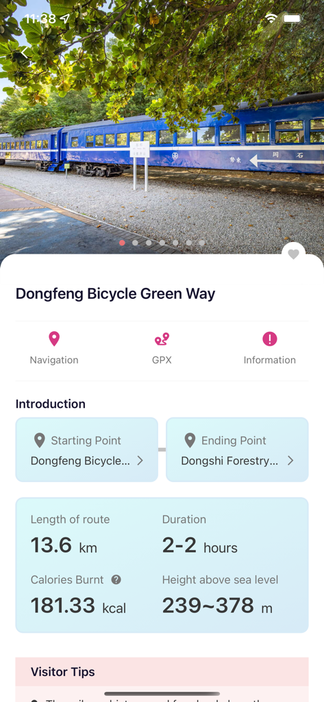 타이중 여행 앱의 동펑 자전거 녹색 도로 경로 정보