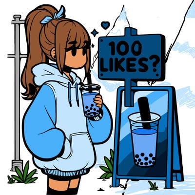 girl with oversized hoodie drinking boba and she has a high ponytail with a sign that says 10likes?