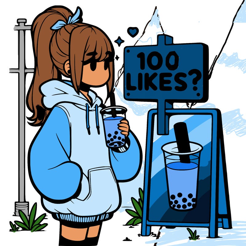 girl with oversized hoodie drinking boba and she has a high ponytail with a sign that says 10likes?