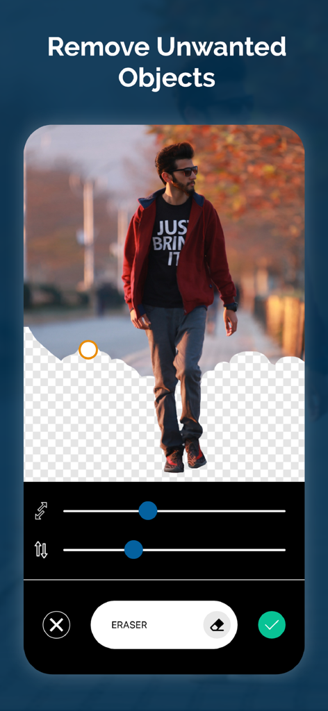 Mobile app interface showing a person being isolated from a background using an eraser tool
